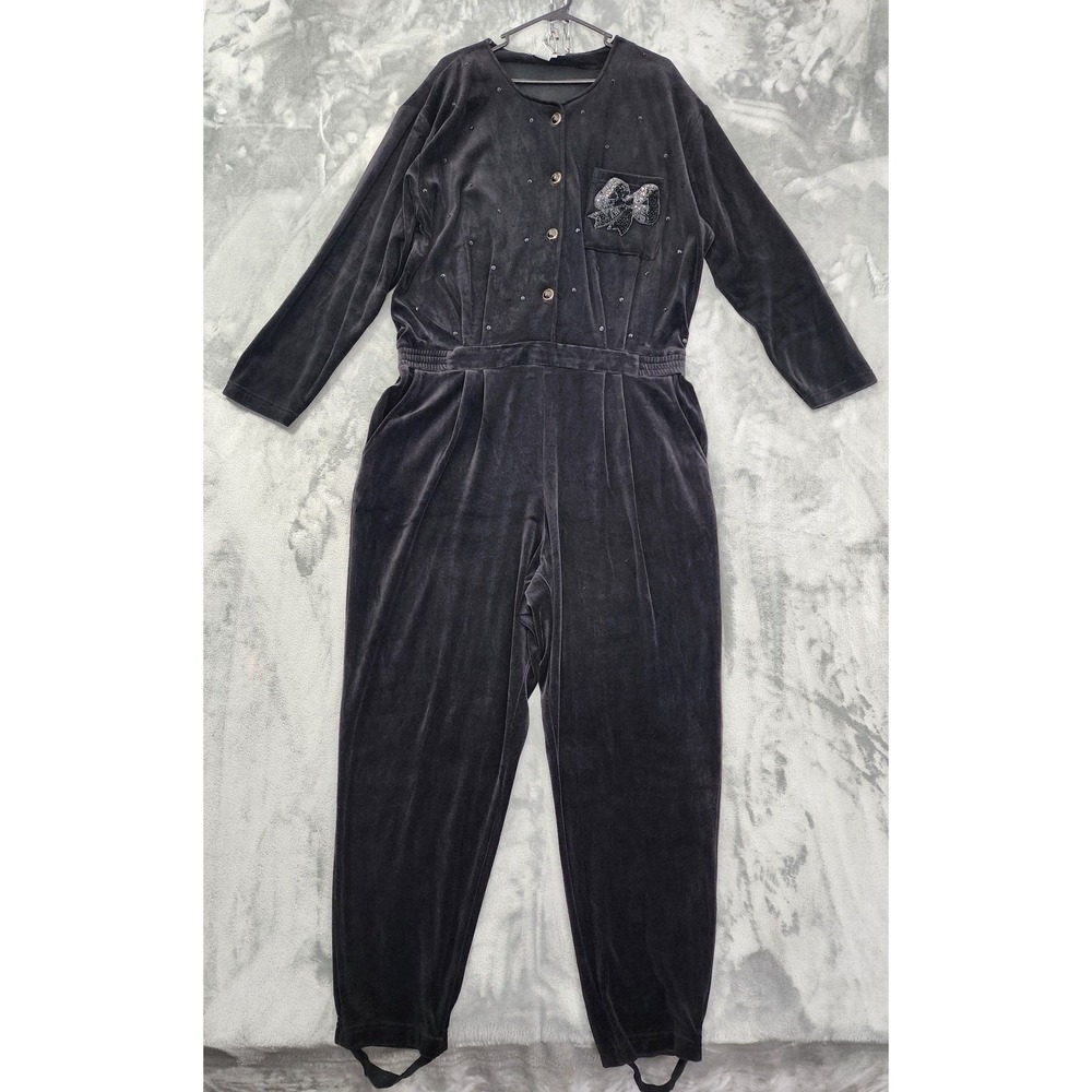 Vintage SK‎ & Company Jumpsuit Womens 2X Black Velvet Velour Sequin Beaded Bow